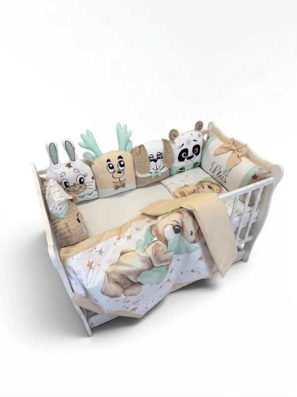 Zestaw do łóżeczka Pillow Bear – beżowo-miętowy