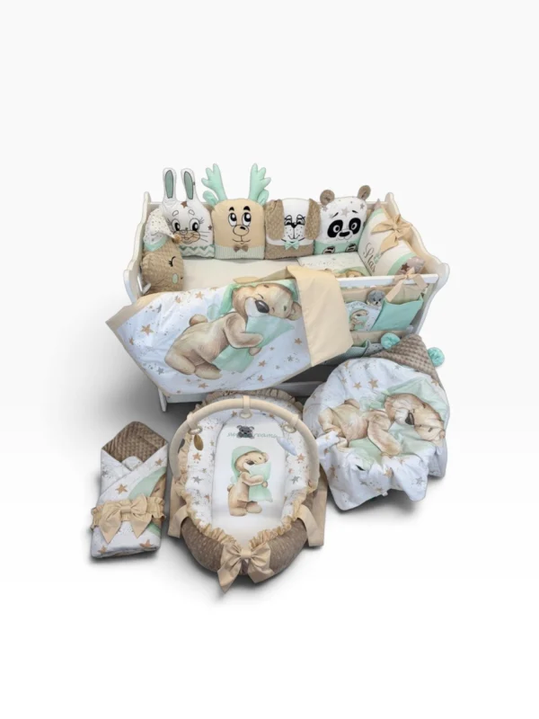 Zestaw do łóżeczka Pillow Bear – beżowo-miętowy